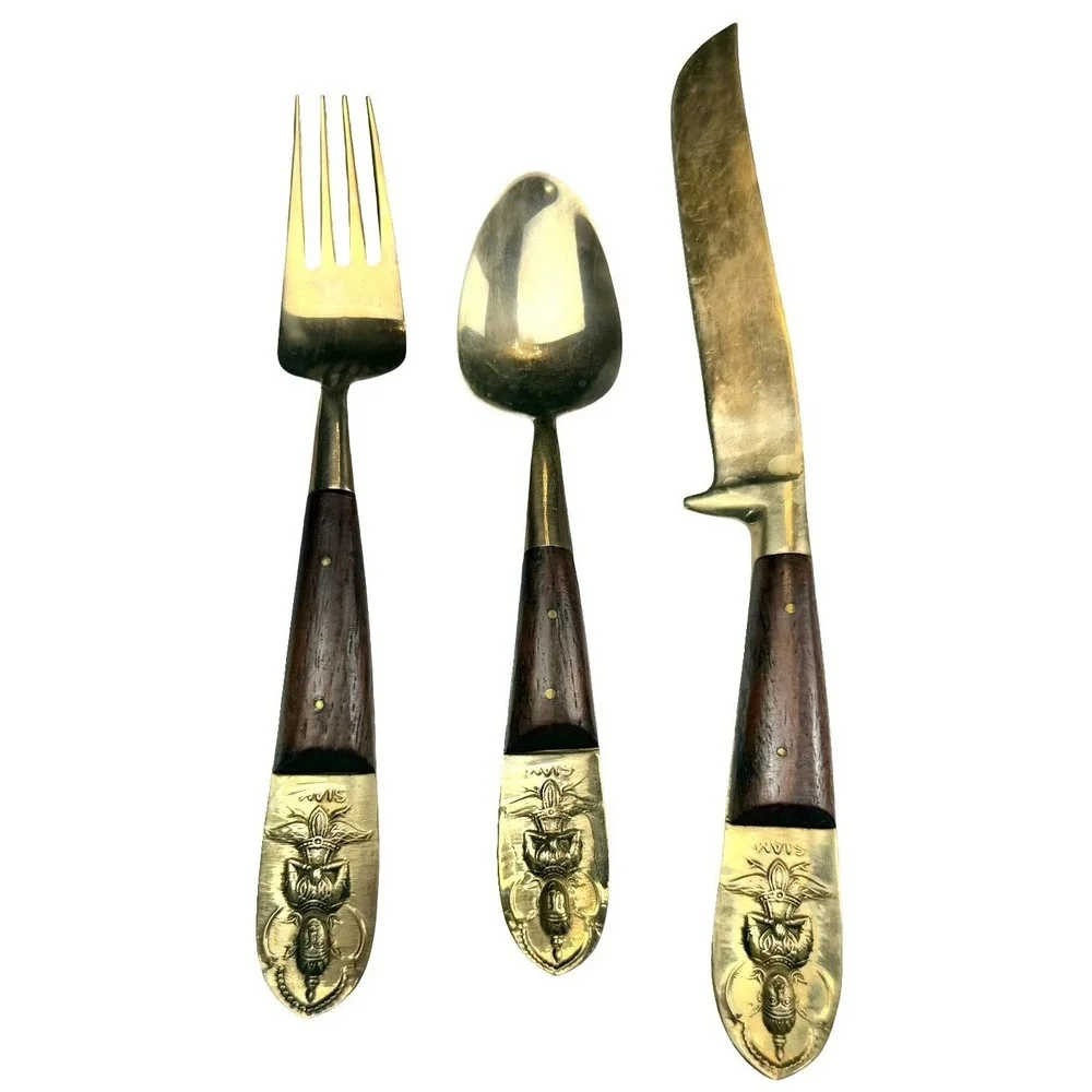 Vintage Siam Thailand Brass Buddha Flatware Set Wood Handle MCM 21pc